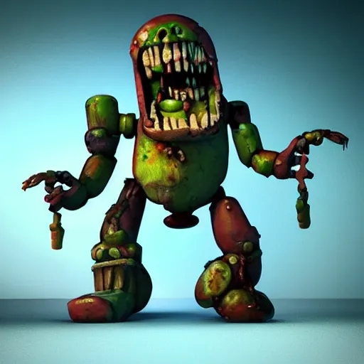 Prompt: “concept art of zombie, style of five nights at Freddy’s + clash royale + plants vs zombies, octane render”