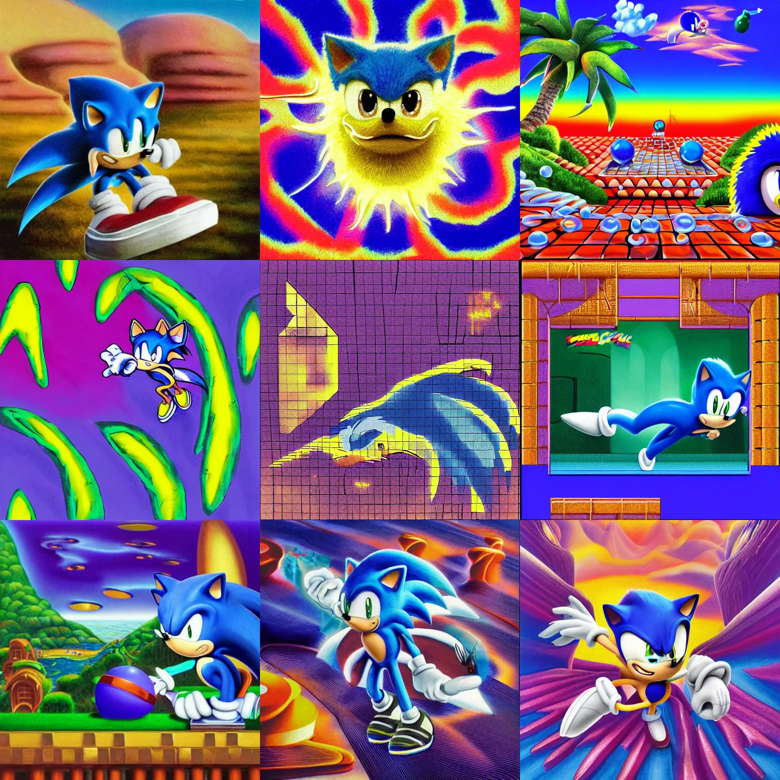 Prompt: cryptic portrait of sonic hedgehog and a matte painting landscape of a surreal, sharp, detailed professional, soft pastels, high quality airbrush art album cover of a liquid dissolving airbrush art lsd dmt sonic the hedgehog swimming through cyberspace, purple checkerboard background, 1 9 9 0 s 1 9 9 2 sega genesis rareware video game album cover