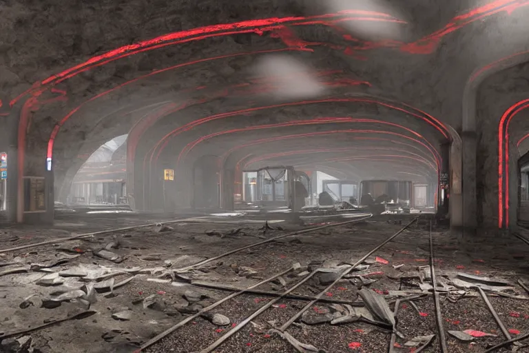 Image similar to ruined, abandoned, underground metro station, seen from inside. Diffused light red flares on the ground. Smoke. Dirt, leaves on ground. Unreal Engine. Substance painter. Zbrush. Trending on artstation. 8K. Highly detailed.