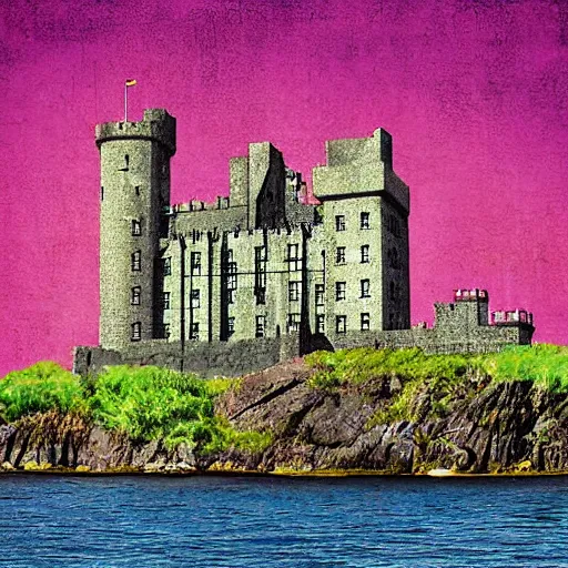 Prompt: Irish castle on an island, digital art, vintage pulp art