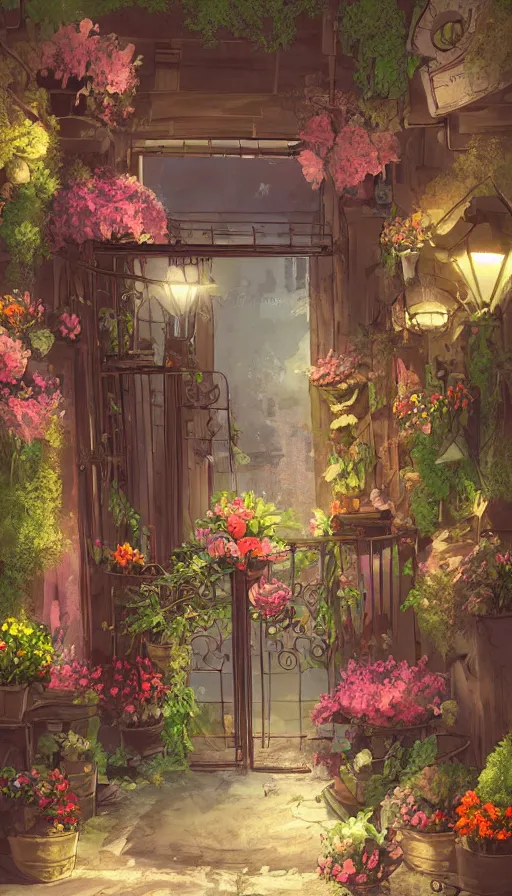 Image similar to a little warm flower shop's front gate, nostalgic, digital illustrati on, dramatic lighting, concept art, detailed textures