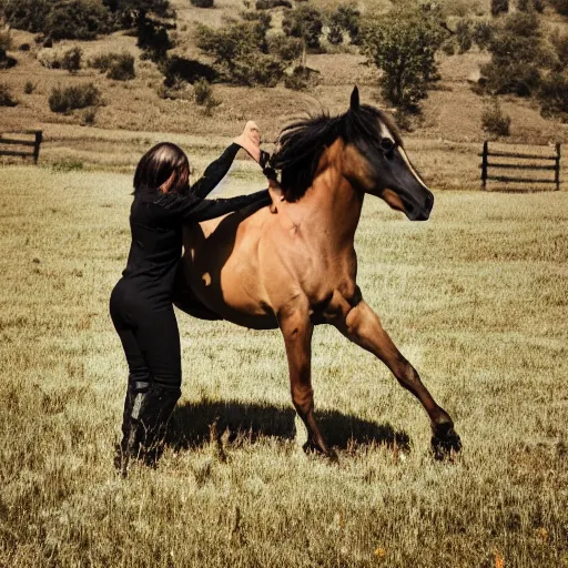 Image similar to a witch transforming people into horses with her magical powers , in a meadow