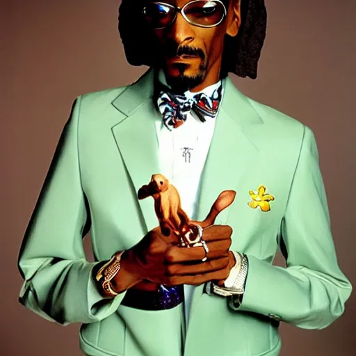 Prompt: Snoop Dogg holding two futuristic robots for a 1990s sitcom tv show, Studio Photograph, portrait, C 12.0