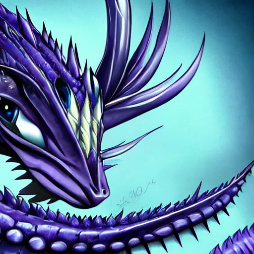 Prompt: a 128 foot tall elegant female silver scaled western dragon with purple accents; The scales smooth and streamlined, while having a sleek and sharp crest; two eyes bright blue; the snout sharp and pointed, yet sleek and elegant; close-up bust, high quality 16k digital art, deviantart, furaffinity