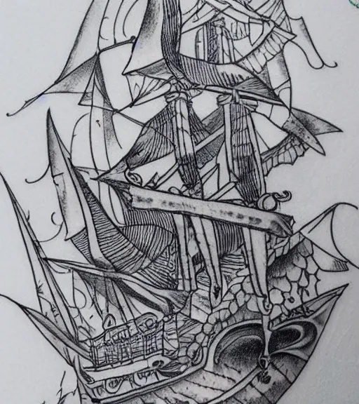 Image similar to White paper tattoo design of a magical pirate ship, realism tattoo design, highly detailed tattoo, shaded tattoo, hyper realistic tattoo