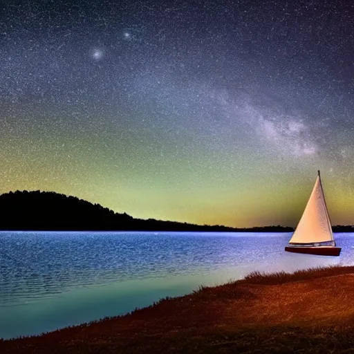 Image similar to small sailboat on a lake under a starry sky