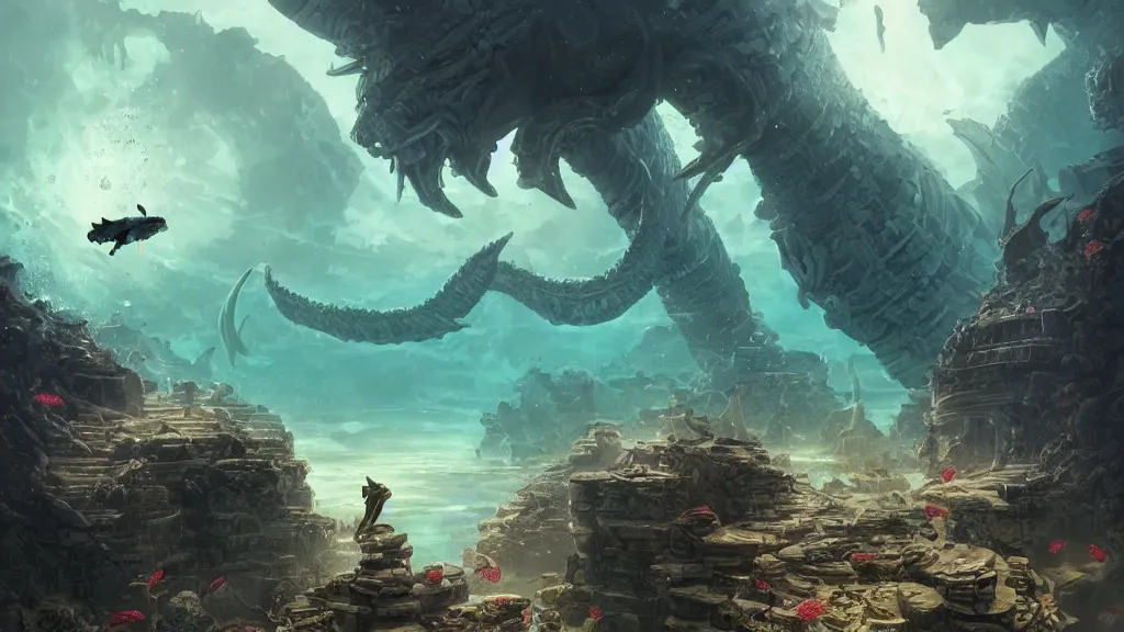 Prompt: An diver is under the sea, he has a treasure with him, he is swimming away from the giant Ryūjin that is behind hunting him, this is an extravagant planet with wacky wildlife and some mythical animals, the background is full of ancient ruins, the ambient is dark with a terrifying atmosphere, by Jordan Grimmer digital art, trending on Artstation,