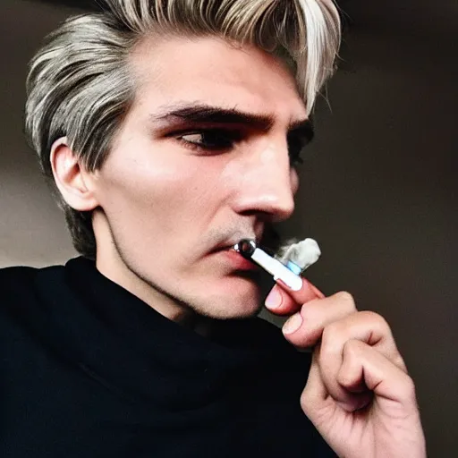 Image similar to a closeup photo of handsome gigachad xqc smoking