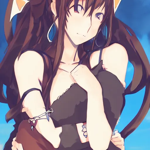 Image similar to anime woman with cat ears holding a sack, digital artwork, in the style of krenz cushart