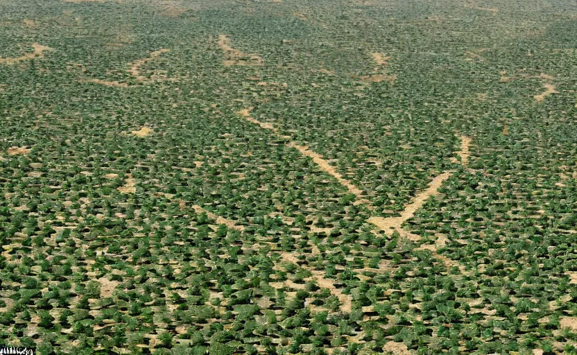 Prompt: giant green lush forest with various plants in the sahara desert, surrounded by houses made of glass, metal, concrete and bamboo