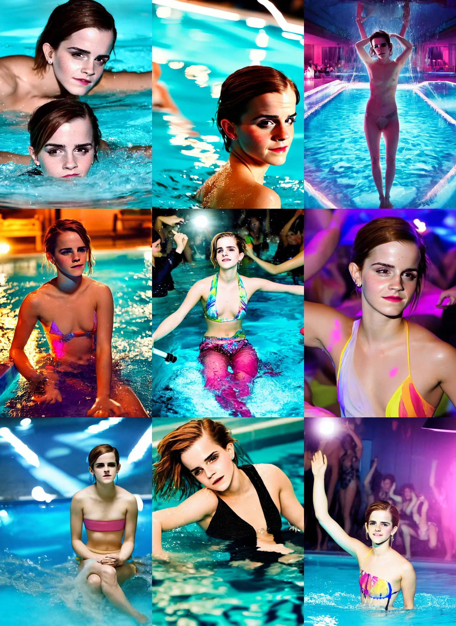 Prompt: a hd photo of crazy drunk emma watson partying hard in the water, having fun being the center of attention in a private crowded pool party in modern indoors pool with cyberpunk lighting at night. sensual photo. symmetrical balance, in - frame. colourful