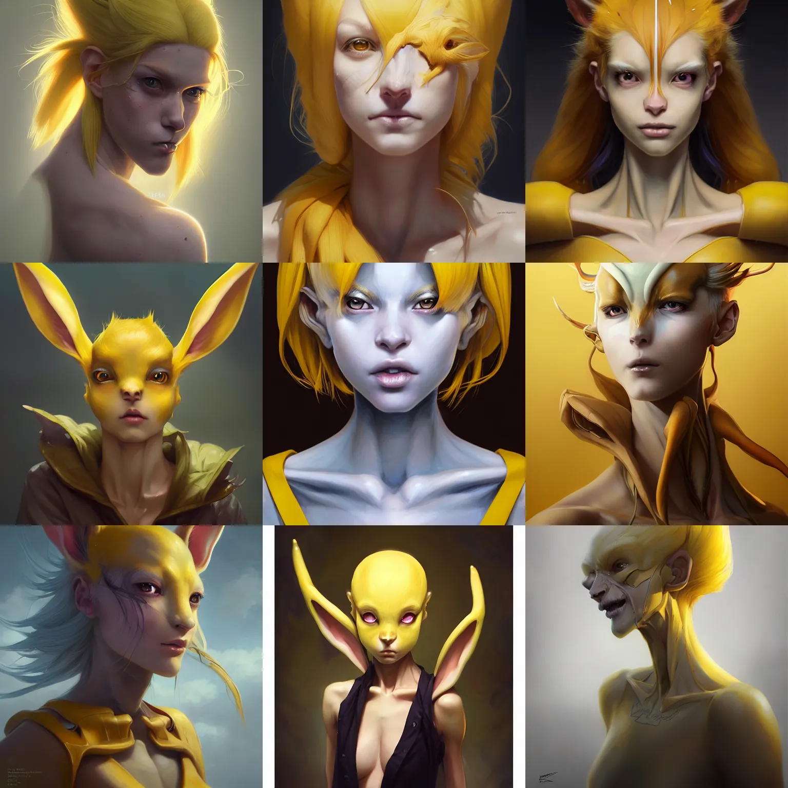 Prompt: portrait of a yellow half human half bunny creature,anthropomorphic,Character design by charlie bowater, ross tran, artgerm, and makoto shinkai, detailed, inked, western comic book art, 2021 award winning painting,digital art,ultra realistic,ultra detailed,art by greg rutkowski,photorealiatic,hyperdetailed,hyperrealistic,studio lighting,studio photography,professional photography,professional lighting,detailed face,3 point lighting,4k