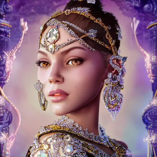 Image similar to portrait of pretty princess with perfect skin, glowing, ornate and intricate diamond jewelry, jaw dropping beauty, ornate and intricate backdrop, white accent lighting, hyper detailed, 4 k octane render