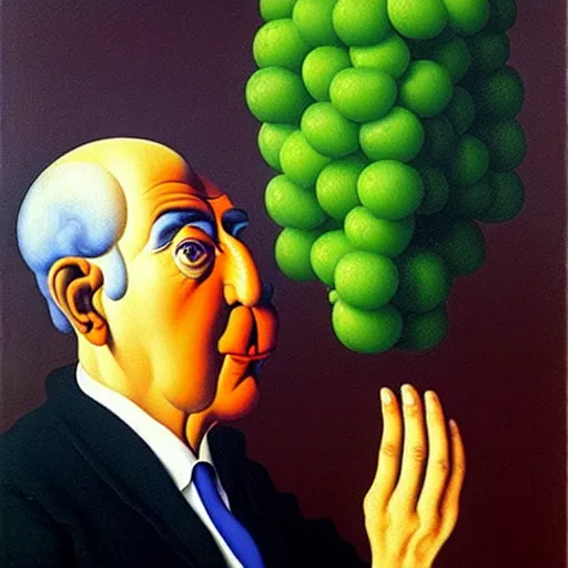 Image similar to a man thinks about what to buy at the grocery store, by rene magritte and salvador dali, oil on canvas