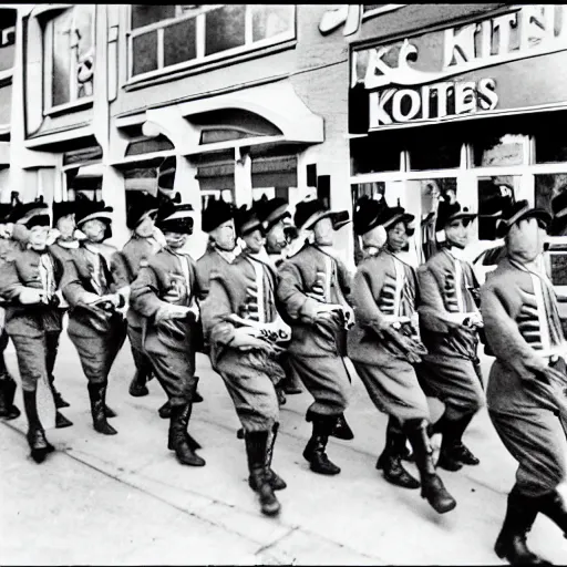 Prompt: a line of soldiers marching into kfc in a single file line, in the style of a 1940's cartoon.