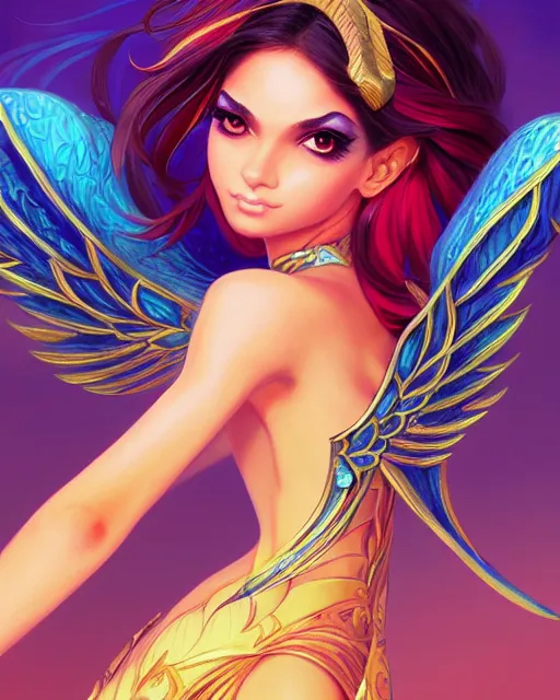 Prompt: 3 / 4 view of an arab girl with wings, confident pose, pixie character, video game genshin impact, intricate, elegant, sharp focus, illustration, bright colors, concept art, matte, magali villeneuve, artgerm, anime, trending on artstation