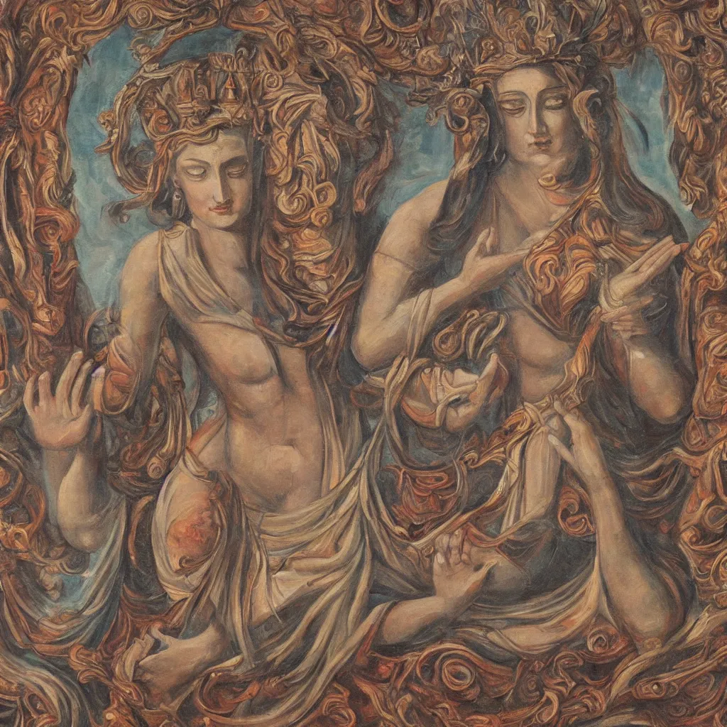 Image similar to young woman deity with multiple arms, highly detailed, oil painting