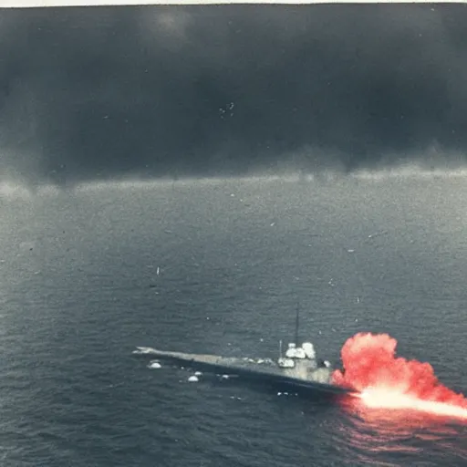 Image similar to view from the deck of a batteship firing a broadside, kamikaze planes diving, world war ii, high resolution colour photo