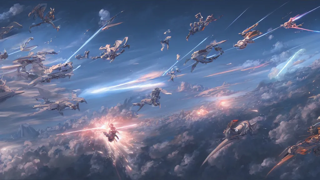 Prompt: highly detailed comic spread depicting an impactful action scene on the sky with expert design fictional characters, high details, dynamic art by murata, moebius, makoto shinkai, craig mullins, digital painting, masterpiece, best selling, pixiv, volumetric lighting, realistic shaded lighting, 8 k, highly detailed render,
