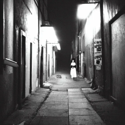 Prompt: a creepy cell phone camera picture of an alleyway in west philadelphia at night, with a college - aged woman in the distance. girl in the photo. directed by david lynch