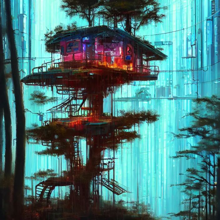 Image similar to a beautiful cyberpunk acrylic painting of a tree house in wild pine forest, by James Jean, trending on ArtStation, Beeple