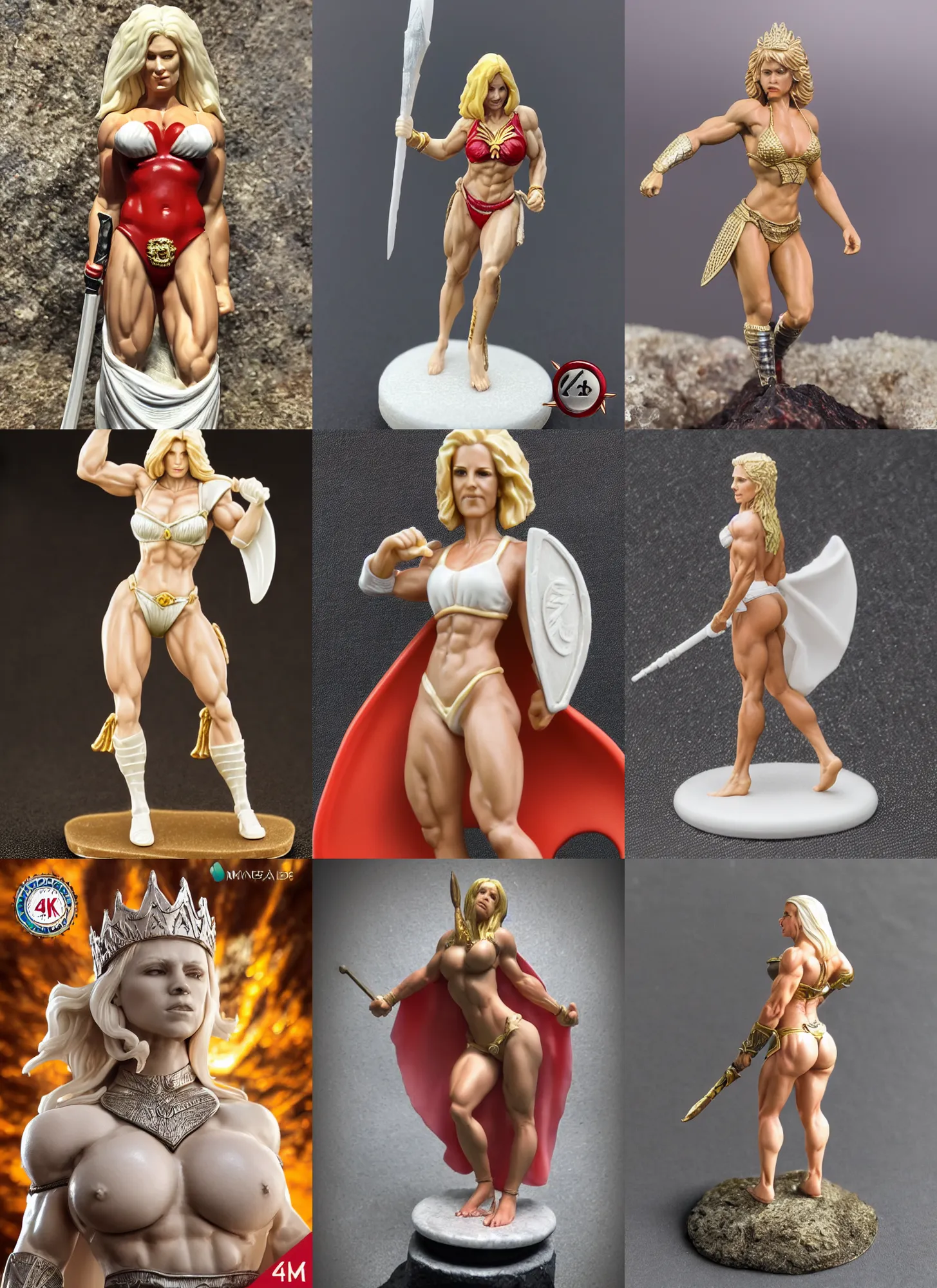 Prompt: 80mm resin detailed miniature of a Very Muscular Queen, long white cape, bikini-armor, light skin, short blonde hair, on textured disc base, Company Logo; Miniature product Photo, 4K, Front view