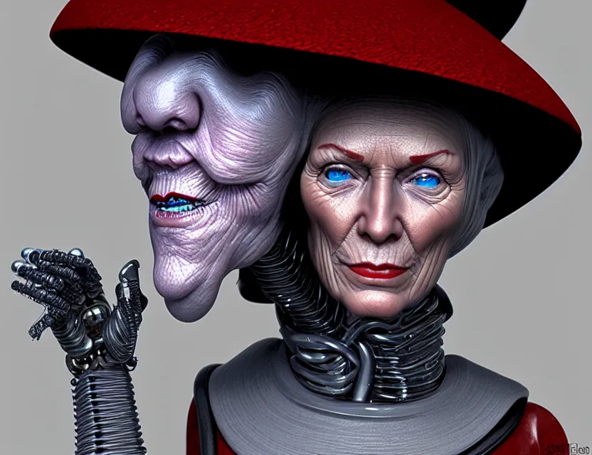 Image similar to cinematic bust portrait of robo face granny cyborg body, witch's hat on head, by jean giraud, trending artstaition, 3 d, unreal engine