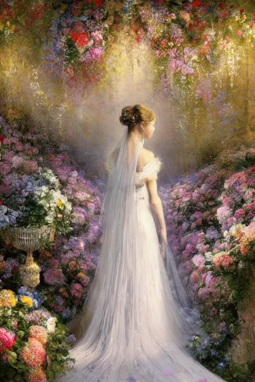 Prompt: breathtaking detailed soft painting of a full body shot of a bride viewed from behind in a long dress of pure light, in a sunlit luxurious flower garden on a wedding day, a plaza covered in pastel flowers with golden petals and fireflies, rule of thirds, german romanticism, rembrandt style, elegant, volumetric lighting, highly detailed, artstation, concept art, matte, sharp focus, art by Tom Bagshaw, Alfons Mucha and Greg Rutkowski