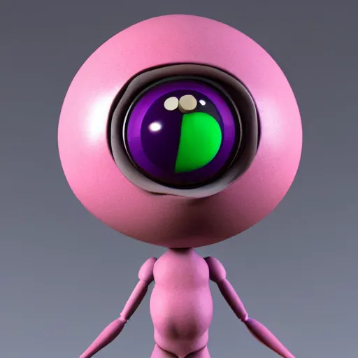 Prompt: photo of a clay model of character with large spherical purple head and tiny eyes with comically tiny body and spindly limbs leans close to the camera, fish eye lens, 4 k, hyper realistic, hyper detailed face, octane render, comedic, cute
