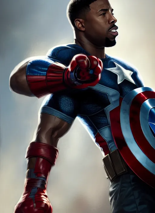 Prompt: Micheal B Jordan punching captain america in the face, Captain America is Chris Evans, realistic, detailed, 4k by Greg Rutkowski, Mark Arian trending on artstation