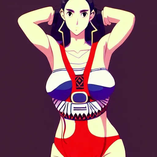 Image similar to a beautiful plus sized model japanese natalie portman, alluring, wearing mayan leotard with overalls, street fashion hip hop style with mayan patterns, aztec street fashion, gapmoe yandere grimdark, trending on pixiv fanbox, painted by greg rutkowski makoto shinkai takashi takeuchi studio ghibli, akihiko yoshida