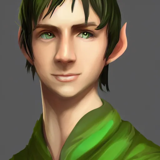 Image similar to A portrait of a adolescent male half-elf wizard who is tall and slim, short brown hair, smiling, deep green eyes, green shirt, college, learning, robes, staff, focus on face, sharp focus, highly detailed, photograph, cinematic, dynamic lighting, trending on artstation.
