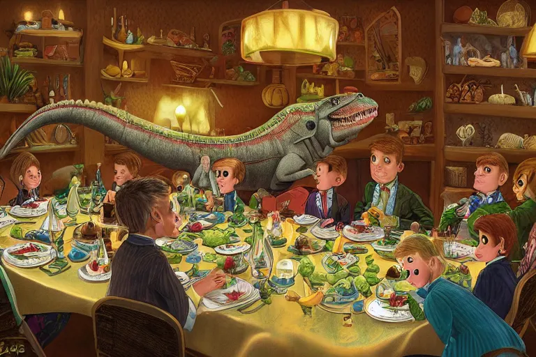 Image similar to a high quality highly detailed illustration of a dinosaur at a fancy dinner by mark teague, digital art, award winning childrens book