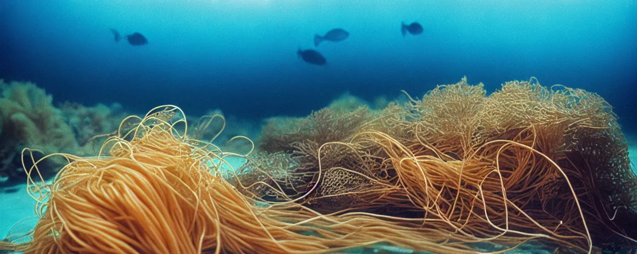 Prompt: spaghetti growing underwater in a corral reef, sigma 1 0 0 mm, in the style jacques cousteau, kodachrome