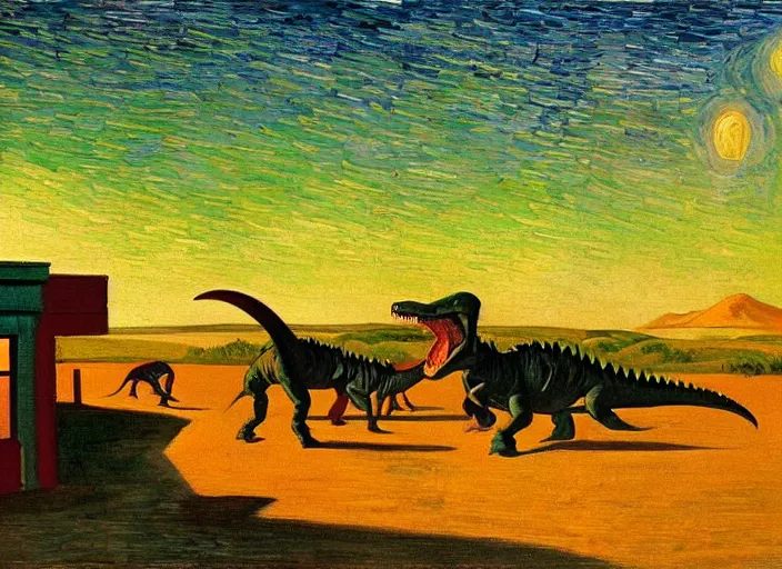 Image similar to painting of the extinction of the dinosaurs with asteroid and fire, in the style of edward hopper and vincent van gogh, dramatic lighting at dusk