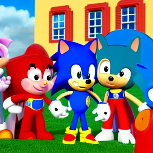 Image similar to sonic, peppa pig and the paw patrol crossover episode, cartoon network stillframe, hd, 4 k, hdr, smooth, sharp focus, high resolution, award - winning