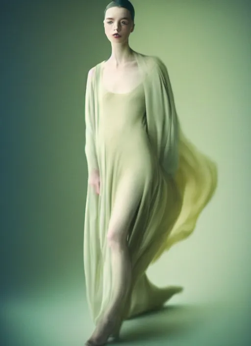 Image similar to kodak portra 4 0 0 motion blur photo portrait of a beautiful woman in style of paolo roversi, dressed in long, elegant, soft coloured gel lighting, highly detailed, sharp focus,, octane render, ethereal, out worldly colours, emotionally evoking, head in focus, soft blur light dreamy, volumetric lighting unreal engine, epic fantasy