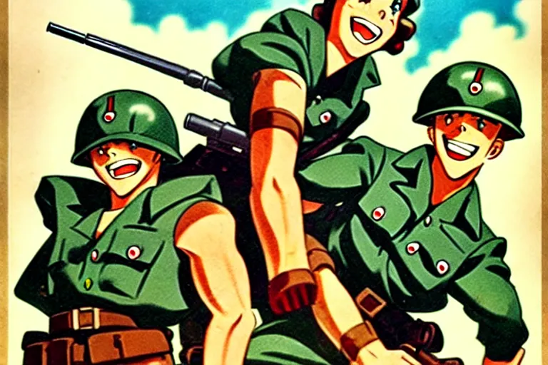 Image similar to 1940s, war, anime, poster, smiling tanks