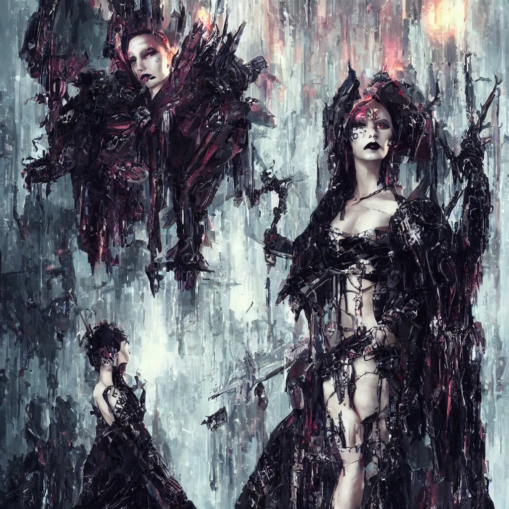 Image similar to fashionable gothic domme mistress, portrait, latex, cyberpunk altar, spikes by greg rutkowski, by yoshitaka amano, super - detail