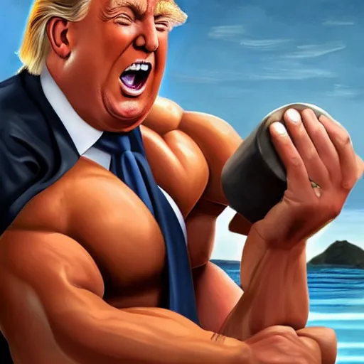 Image similar to extremely buff Donald Trump, steroids, testosterone, lifting weights, laughing, surrounded by women in swimsuits, trending on artstation, hyper realistic, golden hour