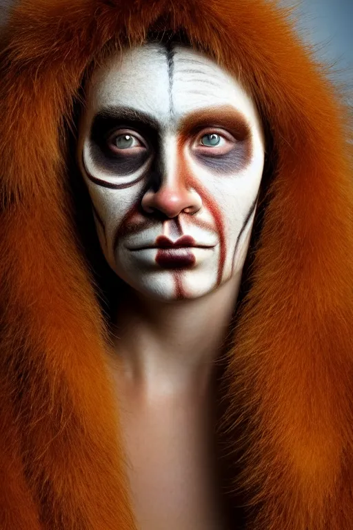 Image similar to a professional portrait photo of a neanderthal woman forest, face paint, ginger hair and fur, extremely high fidelity, natural lighting, national geographic magazine cover.