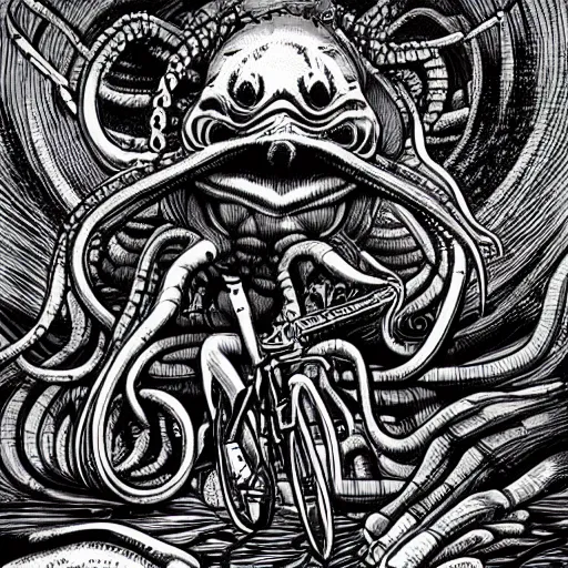 Prompt: cthulhu rides his single speed bicycle to work in a detailed hellscape, hr giger illustration