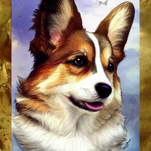 Image similar to a photograpic portrait of a corgi, fantasy, intricate, elegant, highly detailed, digital painting, artstation, concept art, smooth, sharp focus, illustration, art by artgerm and H R Giger and alphonse mucha