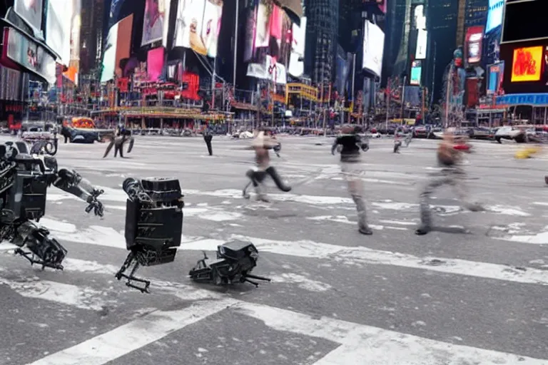 Image similar to robots attacking people in times square security camera footage