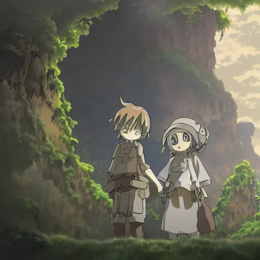 Image similar to made in abyss, illustrations in clear colors, animated film, by studio ghibli