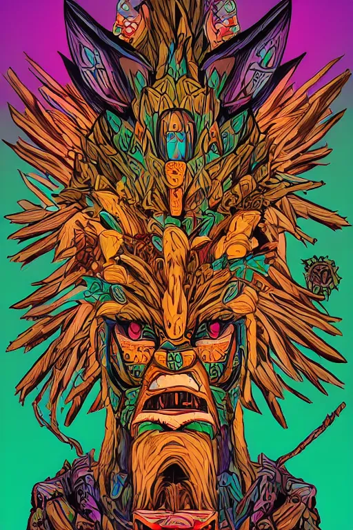 Image similar to totem animal mask tribal feather gemstone plant wood rock shaman vodoo video game vector illustration vivid multicolor borderlands comics by josan gonzales and dan mumford radiating a glowing aura