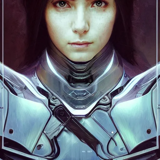 Image similar to portrait of a female warrior wearing a semi transparent carbon shell in plastic, transparent, science fiction, intricate, headshot, highly detailed, digital painting, artstation, concept art, sharp focus, cinematic lighting, illustration, art by artgerm and greg rutkowski, alphonse mucha, cgsociety