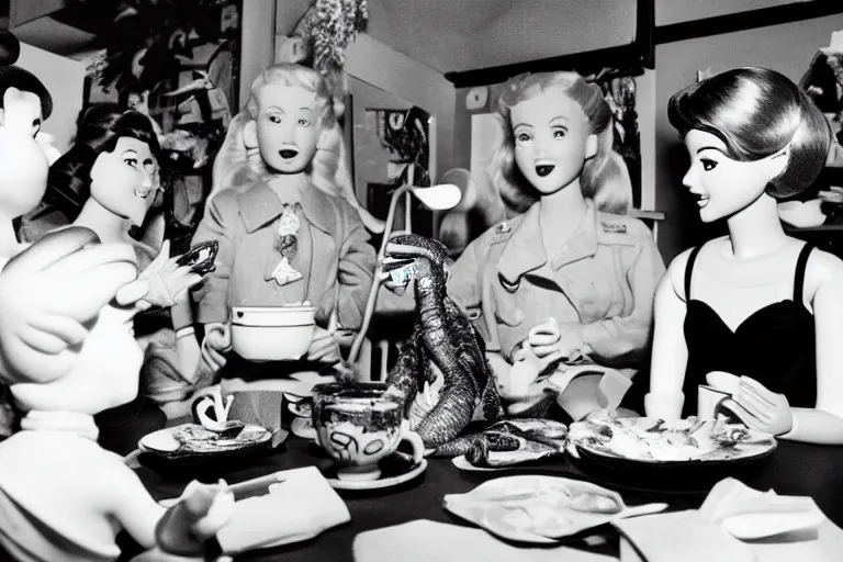 Prompt: Godzilla tea party with Barbie, plastic barbie doll, 1956 claymation godzilla