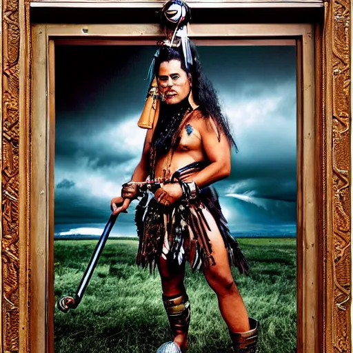 Image similar to Maori warrior princess on ancient steam punk hooverboard, storm outside by david LaChapelle