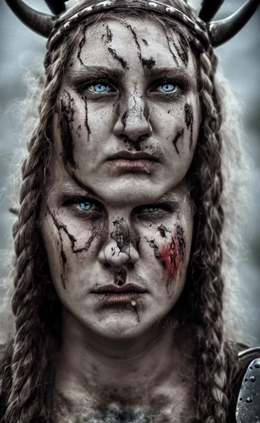 Image similar to photorealistic photograph of beautiful female viking warrior with large sad gray eyes, beat up, inspired by David LaChepell, cinematic, 200mm